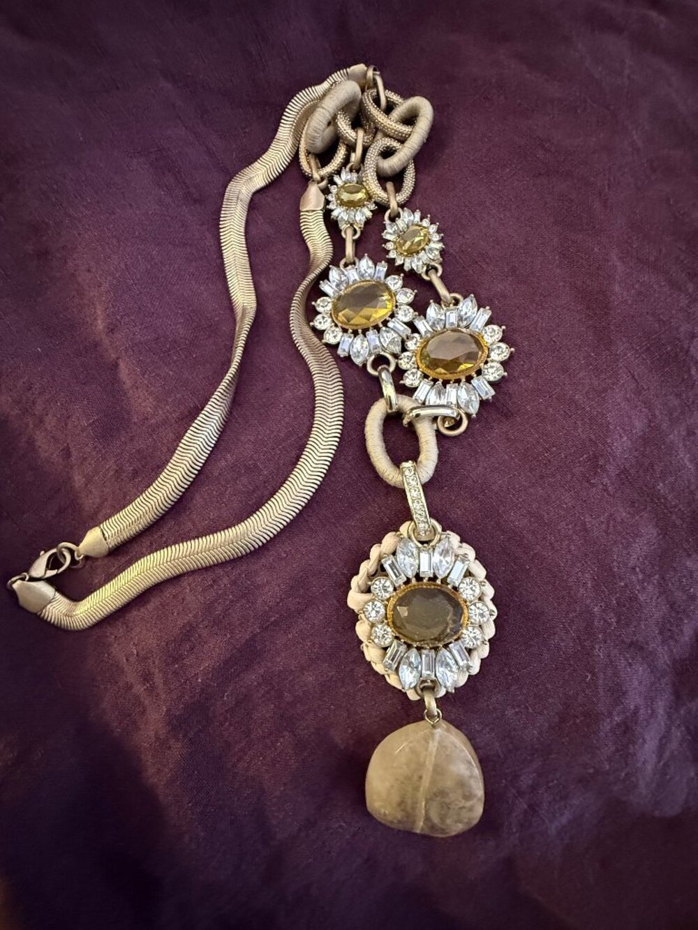 Anthropologie Long Y-Drop Statement Necklace Crystal Quartz Gold Tone Boho
